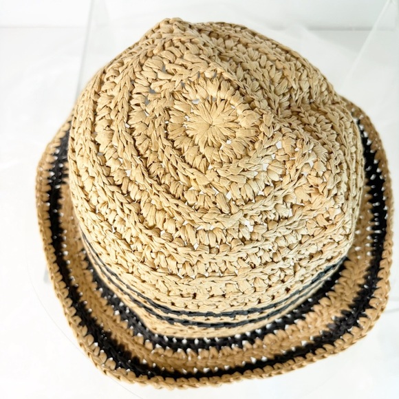 Women's Summer Hat Striped Beige/Black Straw Size M - Picture 2 of 4